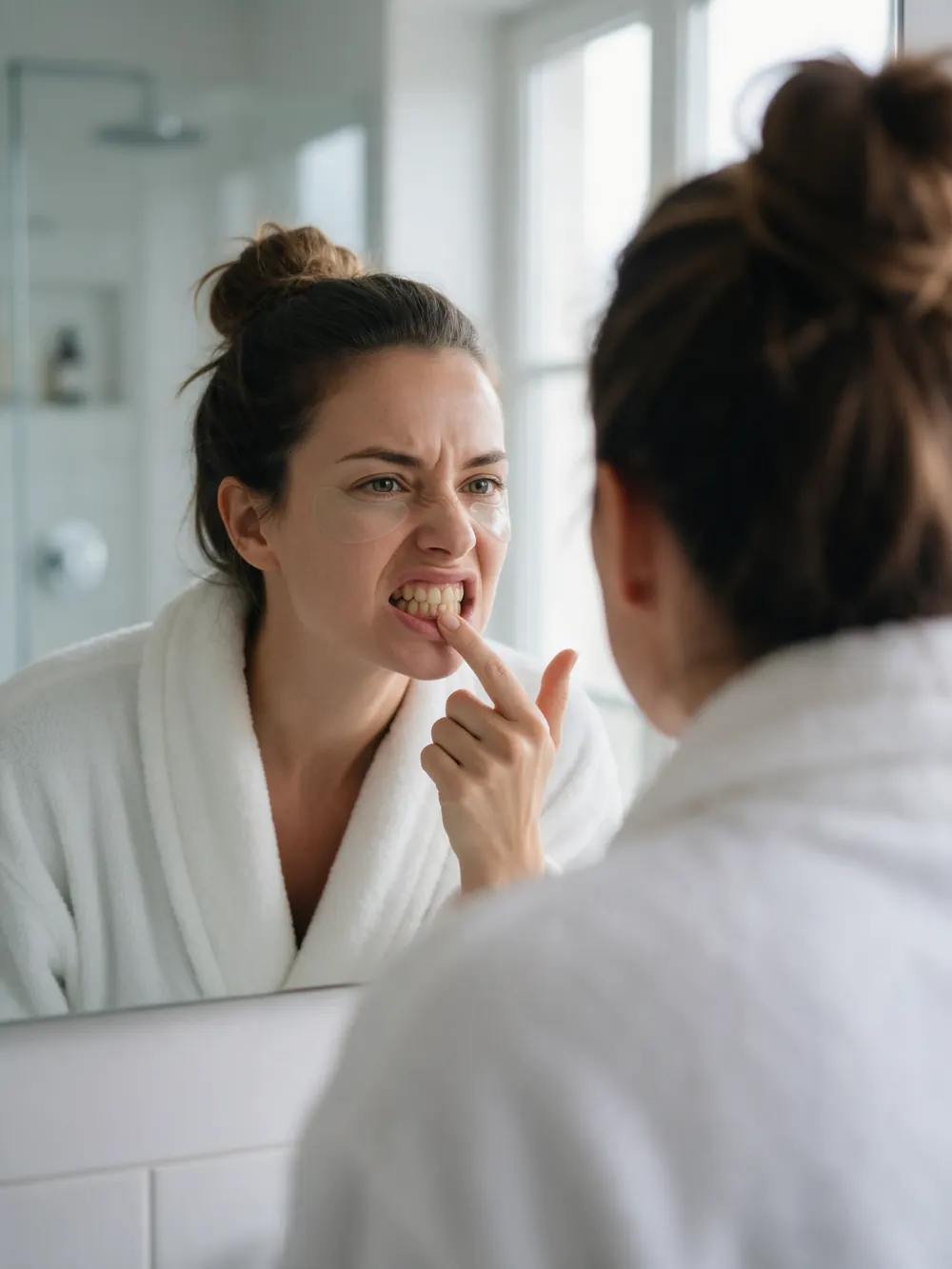 Ragazza in accappatoio con le patch sotto gli occhi che si guarda i denti allo specchio, poco convinta del loro colore